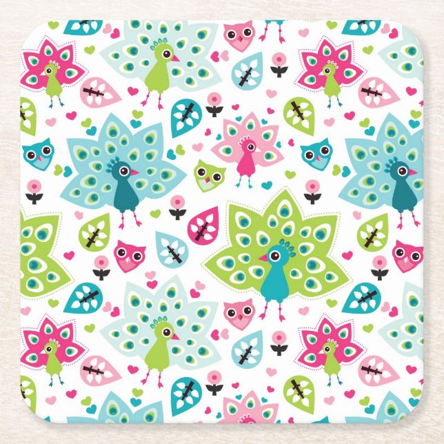 Posavasos Cuadrado De Papel pájaro y búho del pavo real (Anverso)