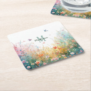 Posavasos Cuadrado De Papel Pájaros acuarela primaveral monograma floral flor 
