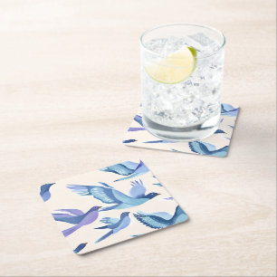 Posavasos Cuadrado De Papel Pájaros Azules Volando Pintura Moderna Acuarela
