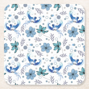 Posavasos Cuadrado De Papel Pájaros Azules y Patrón Continuo de Armonía Floral