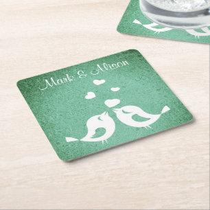Posavasos Cuadrado De Papel Pájaros de Amor Elegante Verde Personalizado