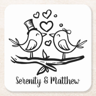 Posavasos Cuadrado De Papel Pájaros de Amor Negros y Blancos Boda Adorables