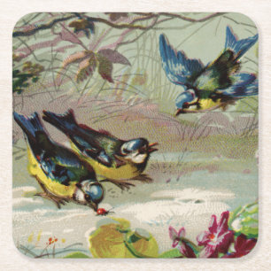 Posavasos Cuadrado De Papel Pájaros del vintage en la nieve