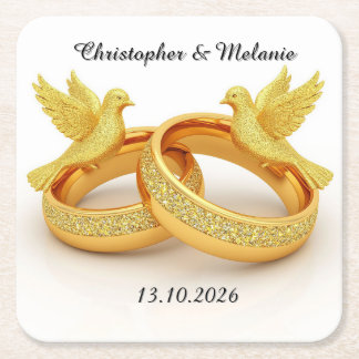 Posavasos Cuadrado De Papel Pájaros Dorados Abrazándose en una Elegante Exhibi