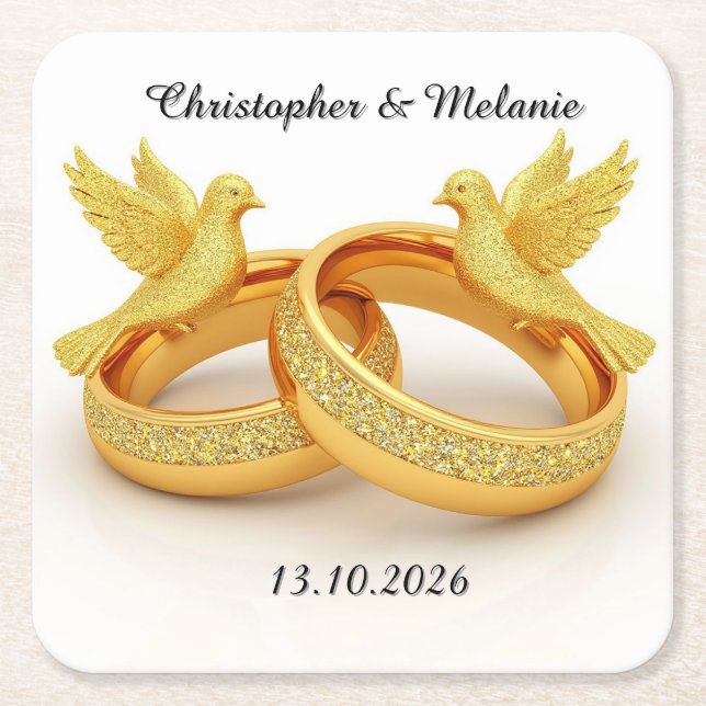 Posavasos Cuadrado De Papel Pájaros Dorados Abrazándose en una Elegante Exhibi (Anverso)