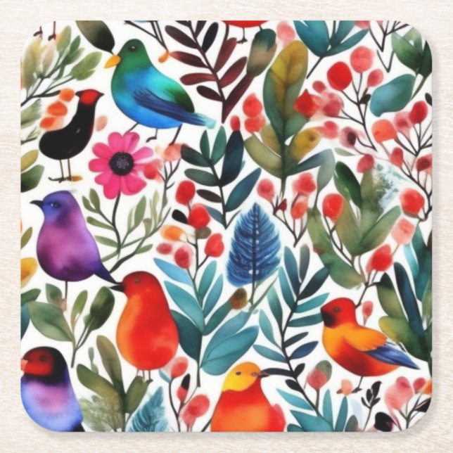 Posavasos Cuadrado De Papel Pájaros florales y coloridos (Anverso)