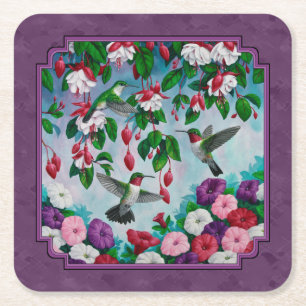 Posavasos Cuadrado De Papel Pájaros Hummingbirds and Flowers Purple