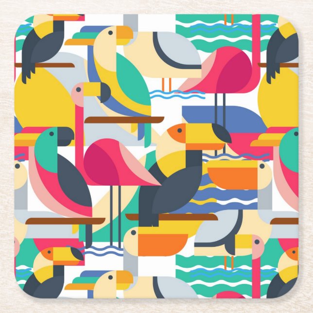 Posavasos Cuadrado De Papel Pájaros tropicales geométricos (Anverso)
