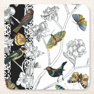 Posavasos Cuadrado De Papel Pájaros y mariposa en un fondo negro y blanco