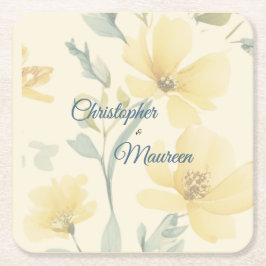Posavasos Cuadrado De Papel Pale Butter Yellow Soft Blue Floral Wedding