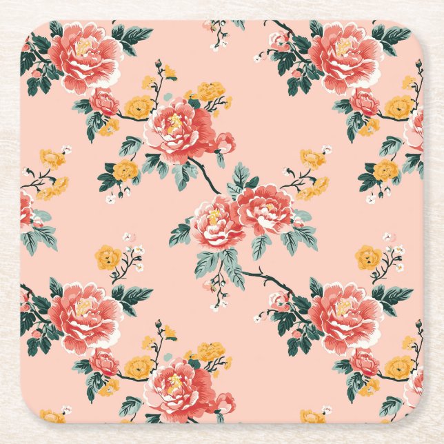Posavasos Cuadrado De Papel Pale Pink Chinoiserie Floral (Anverso)