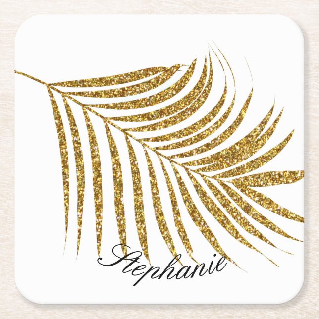 Posavasos Cuadrado De Papel Palm Leaf Gold Purpurina Nombre personalizado Cum  (Anverso)