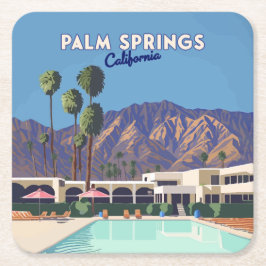 Posavasos Cuadrado De Papel Palm Springs California Pool Hotel Trees Retro