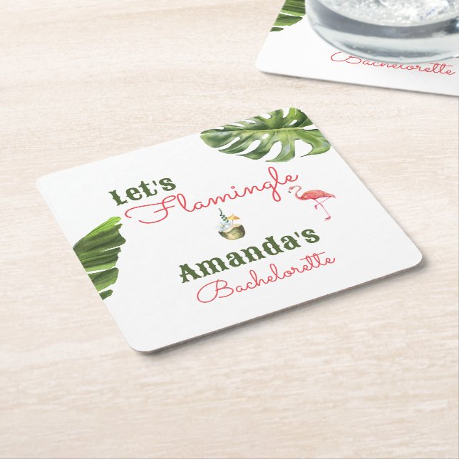 Posavasos Cuadrado De Papel Palm Springs Last Flamingle Bachelorette Party (En perspectiva)