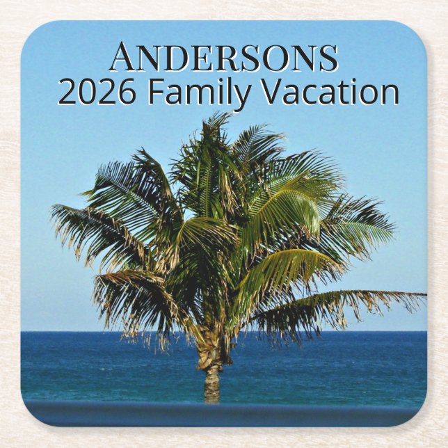 Posavasos Cuadrado De Papel Palm Tree Ocean View | Family Name & Trip Year (Anverso)