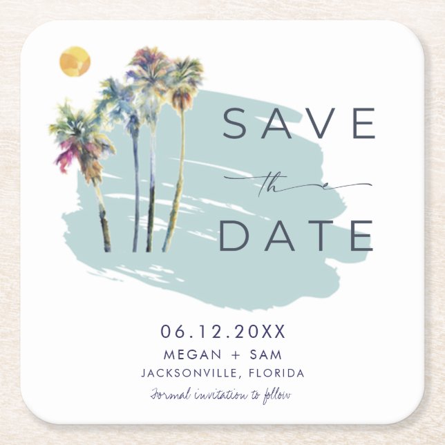 Posavasos Cuadrado De Papel Palm Tree Tropical Beach Wedding Save the Date (Anverso)