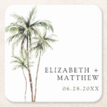 Posavasos Cuadrado De Papel Palm Tree Tropical | Boda mínimo<br><div class="desc">Las playas de arena y las brisas cálidas son el objeto de este diseño. Celebra tu tema boda tropical con nuestro sencillo y mínimo diseño de palmeras. Este diseño es totalmente personalizable y los colores se pueden intercambiar a su gusto.</div>