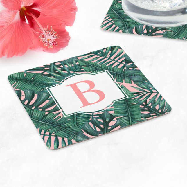 Posavasos Cuadrado De Papel Palm Verde Tropical Sale Monograma Coral (Subido por el creador)