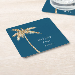 Posavasos Cuadrado De Papel Palmera azul glam dorada con brillo
