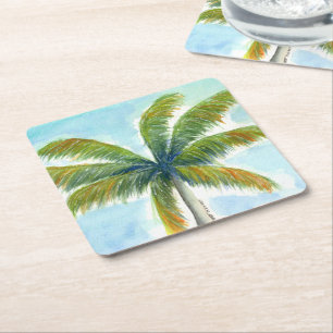 Posavasos Cuadrado De Papel palmera tropical Beach en un día soleado