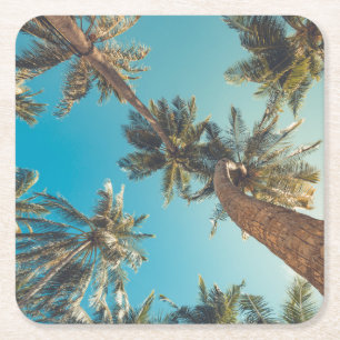 Posavasos Cuadrado De Papel Palmeras en el vintage tropical de la playa