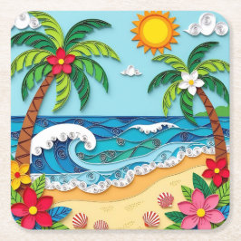 Posavasos Cuadrado De Papel Palmeras en la Playa 