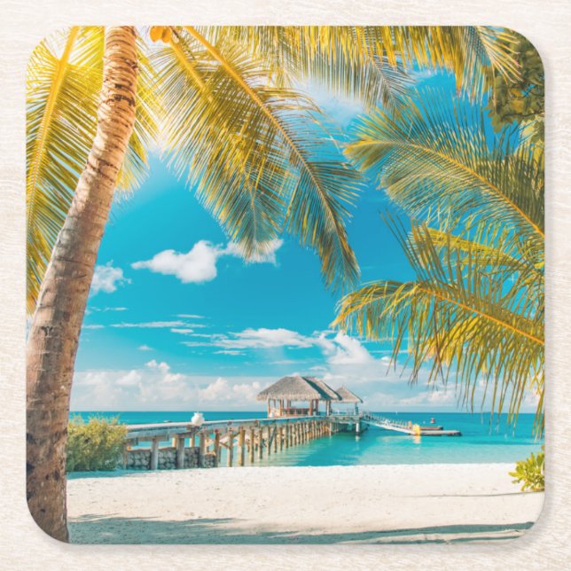 Posavasos Cuadrado De Papel Palmeras en la puesta del sol (Anverso)