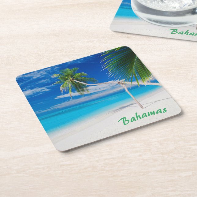 Posavasos Cuadrado De Papel Palmeras Tropical Blue Exotic Bahamas Beach (En perspectiva)