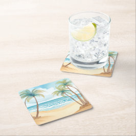 Posavasos Cuadrado De Papel Palmeras Tropicales | Boda Acuarela de Playa
