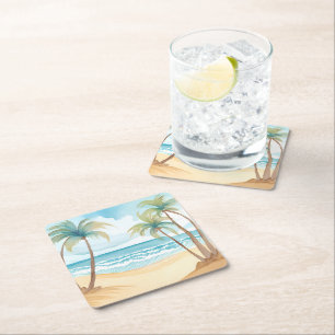 Posavasos Cuadrado De Papel Palmeras Tropicales Boda Acuarela de Playa