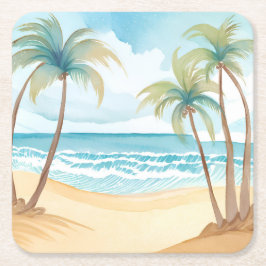 Posavasos Cuadrado De Papel Palmeras Tropicales | Boda acuático de playa