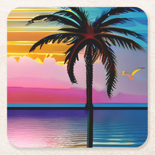 Posavasos Cuadrado De Papel Palmeras tropicales y océano