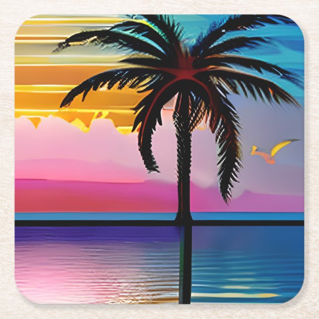 Posavasos Cuadrado De Papel Palmeras tropicales y océano (Anverso)