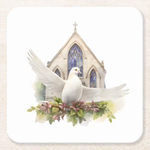 Posavasos Cuadrado De Papel Paloma Blanca con Iglesia
