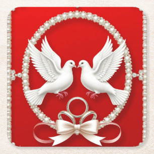 Posavasos Cuadrado De Papel Palomas blancas con anillos de boda