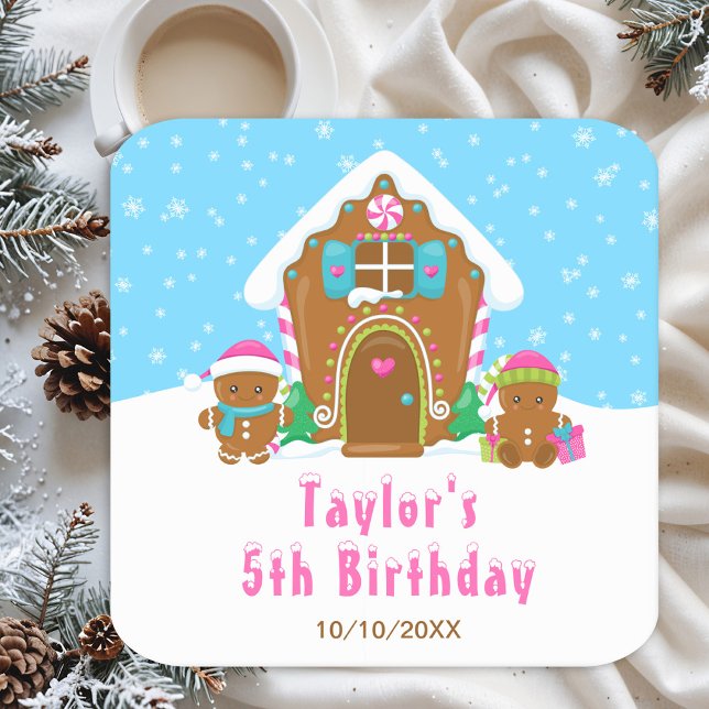 Posavasos Cuadrado De Papel Pan de jengibre fiesta de cumpleaños azul rosa (Subido por el creador)