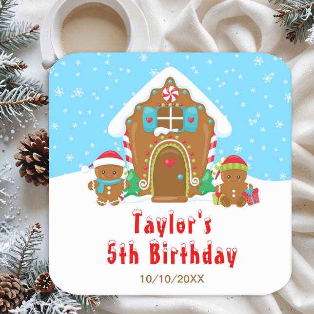 Posavasos Cuadrado De Papel Pan de jengibre fiesta de cumpleaños azul y rojo (Subido por el creador)