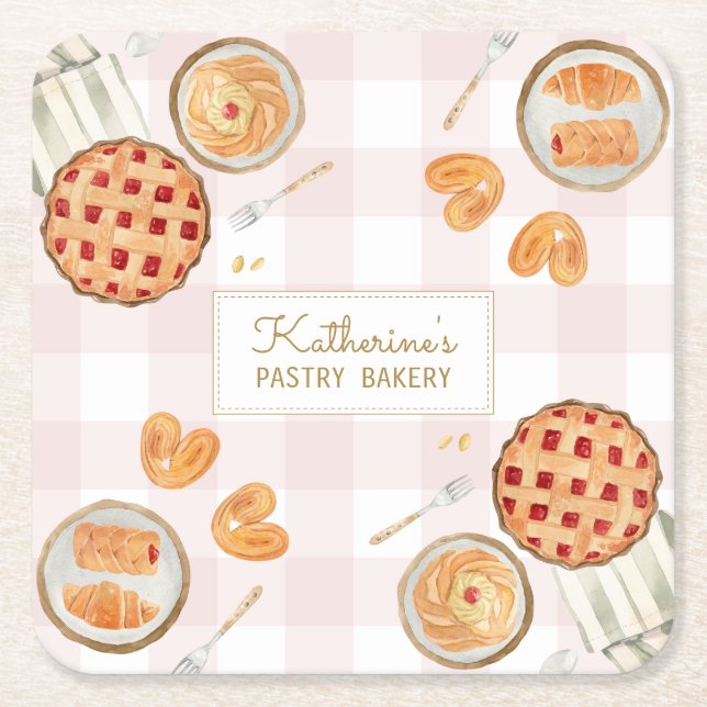 Posavasos Cuadrado De Papel Panadería de hormigón de Gingham (Anverso)