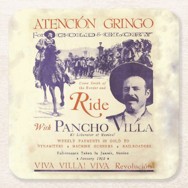 Posavasos Cuadrado De Papel Pancho Villa 🔥 Héroe General Mexicano (Anverso)