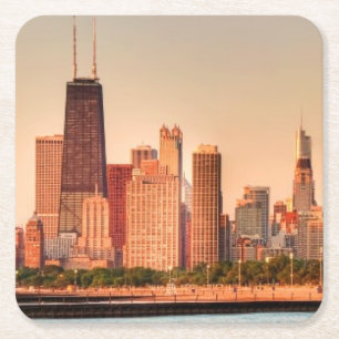 Posavasos Cuadrado De Papel Panorama del horizonte de Chicago en la salida del