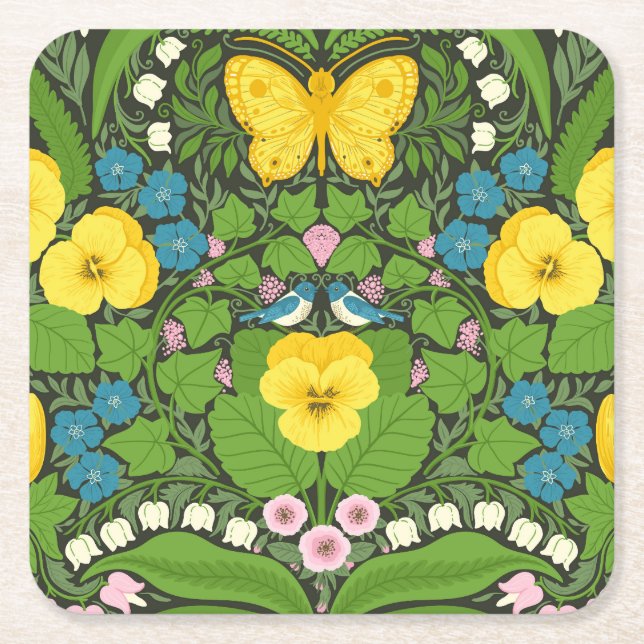Posavasos Cuadrado De Papel Pansias amarillas, pájaros y mariposas (Anverso)