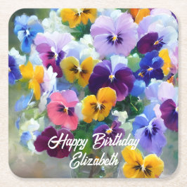 Posavasos Cuadrado De Papel Pansies Happy Birthday