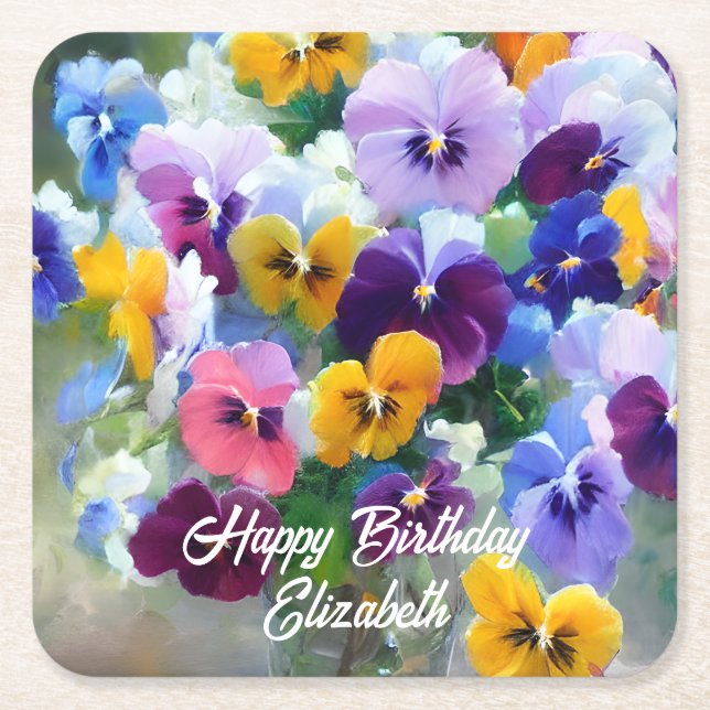 Posavasos Cuadrado De Papel Pansies Happy Birthday (Anverso)