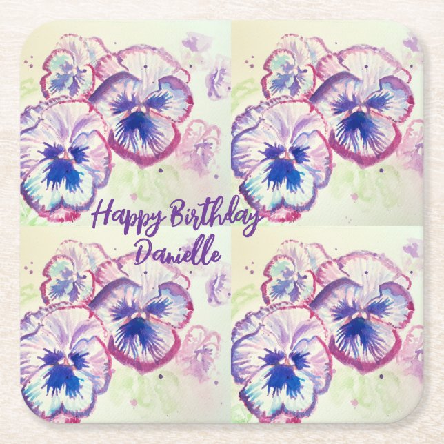 Posavasos Cuadrado De Papel Pansy Pansies Flor Púrpura Floral Rosa (Anverso)