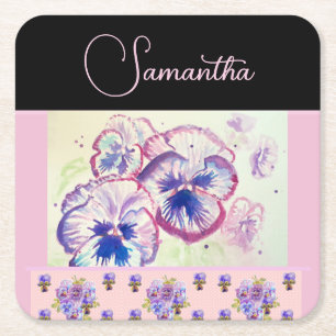 Posavasos Cuadrado De Papel Pansy rosa Pansies acuarela Flor Flor Arte floral