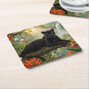 Posavasos Cuadrado De Papel Pantera Negra Flores de Jungla de Kenia Cascada