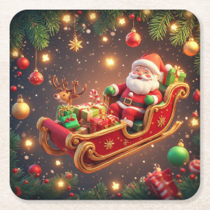 Posavasos Cuadrado De Papel Papá Noel montando un trineo con un reno