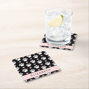 Posavasos Cuadrado De Papel Papas de perro, garras blancas, corazones rosados,