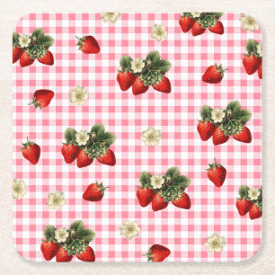 Posavasos Cuadrado De Papel Papel bonito de fresa y gingham roja