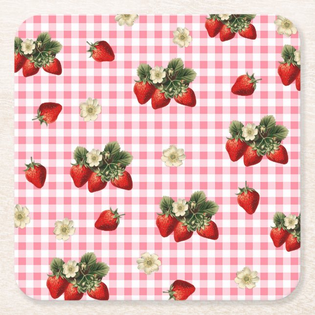 Posavasos Cuadrado De Papel Papel bonito de fresa y gingham roja (Anverso)